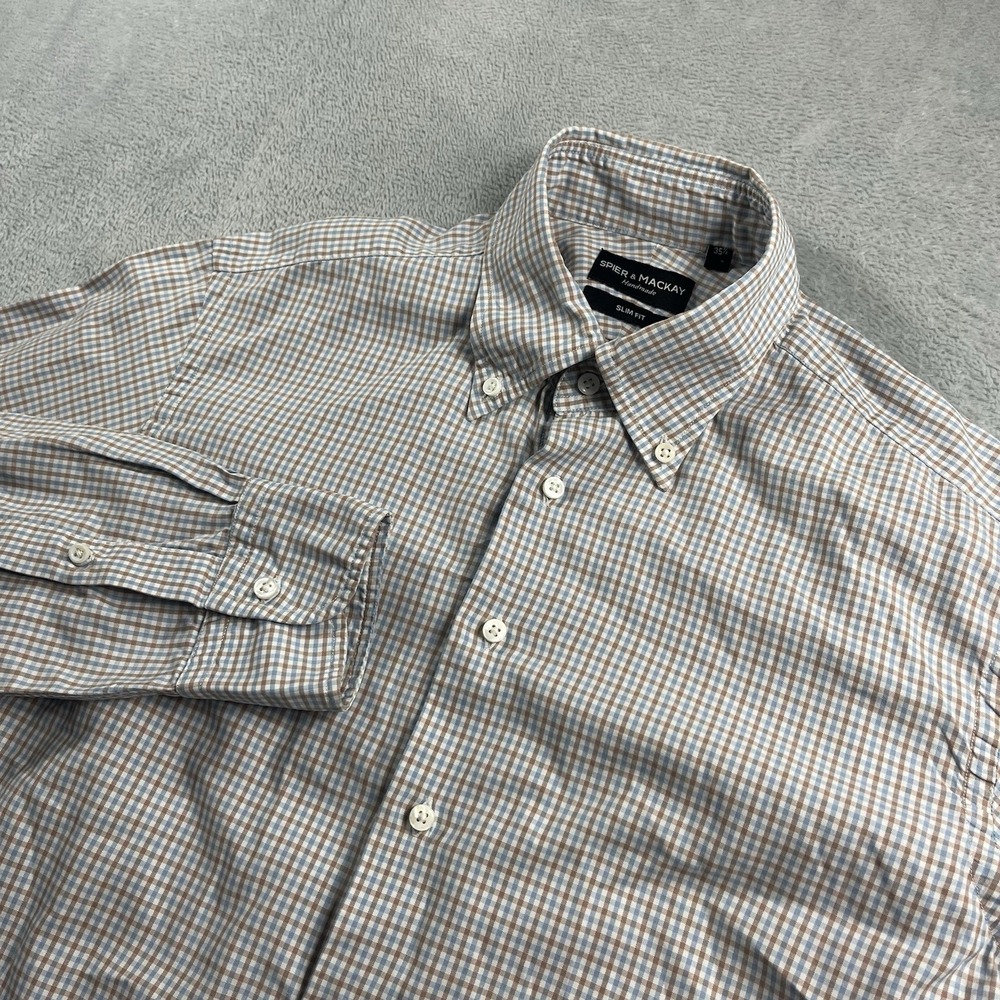 Spier Mackay Men Shirt 35.5 Blue Orange Check Button Up Long Sleeve Slim Fit - Picture 1 of 8